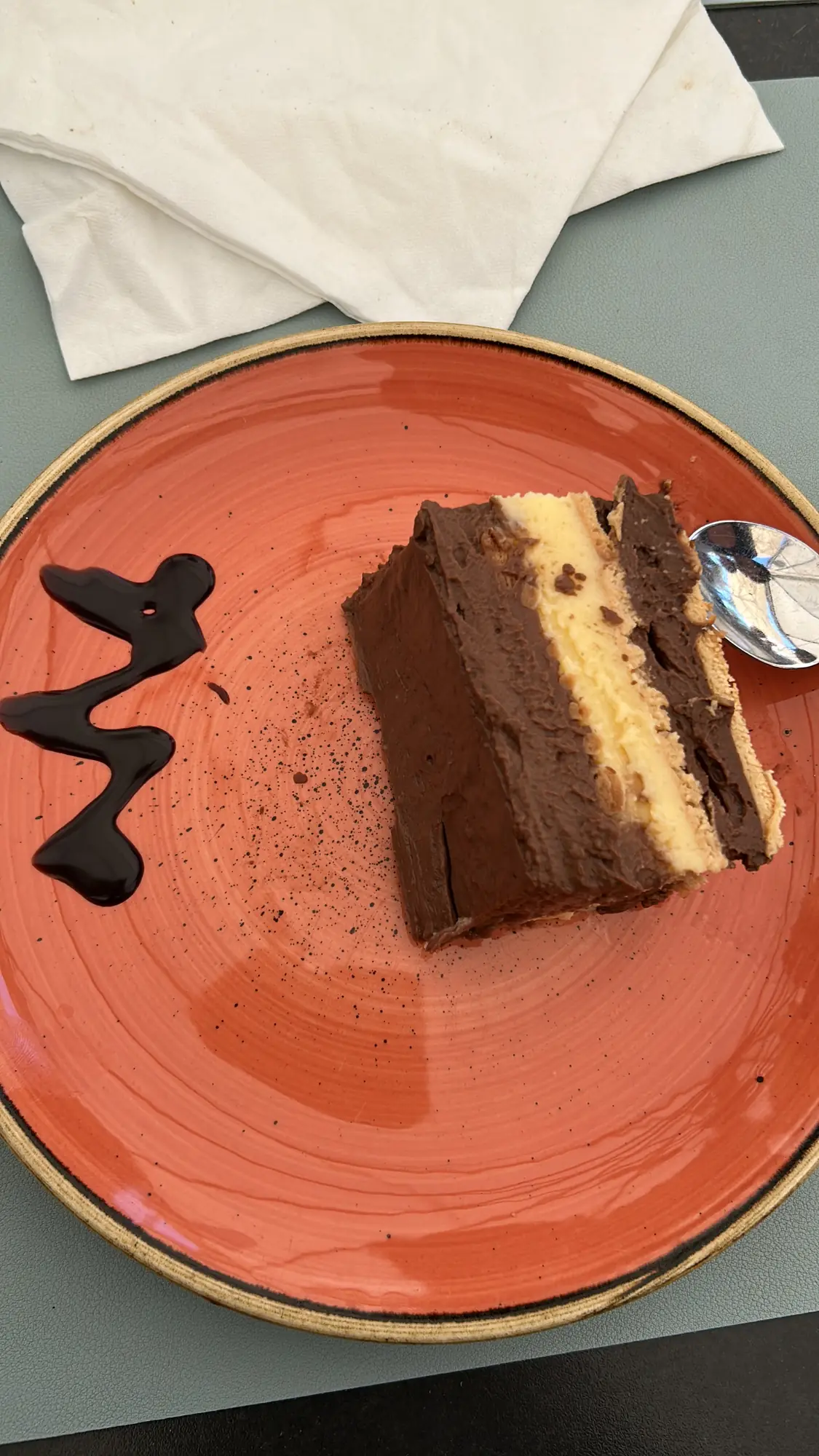 Slice of layered chocolate cake